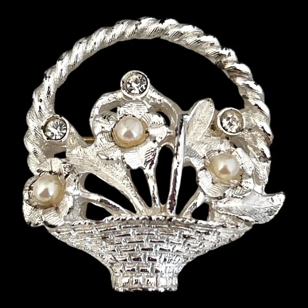 Vintage 1950s Flower Basket Brooch Rhinestone Simulated Pearl Silver Tone - 8U